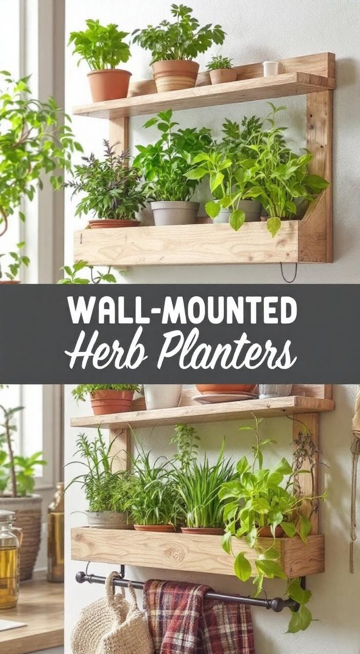 Wall-mounted herb planters with small pots on a kitchen wall, adding style and easy access to herbs.