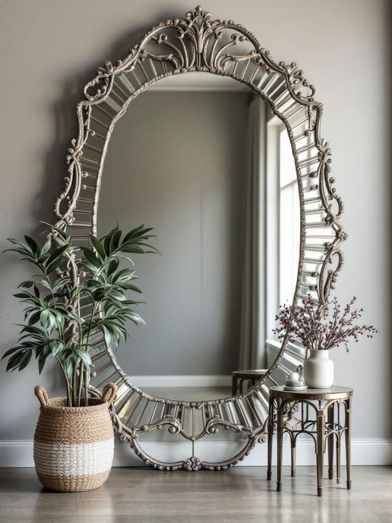Wall-mounted mirrors in an entryway, saving floor space and enhancing decor with unique shapes and frames.