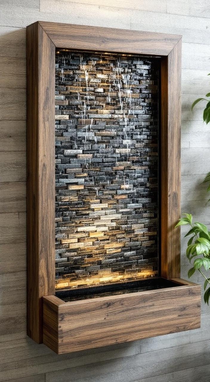 Wall-mounted water fountain with wooden frame, small basin, and water flowing over decorative tiles.