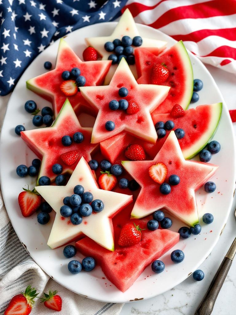 Watermelon star shapes on a platter with blueberries and strawberries for a festive, edible centerpiece.