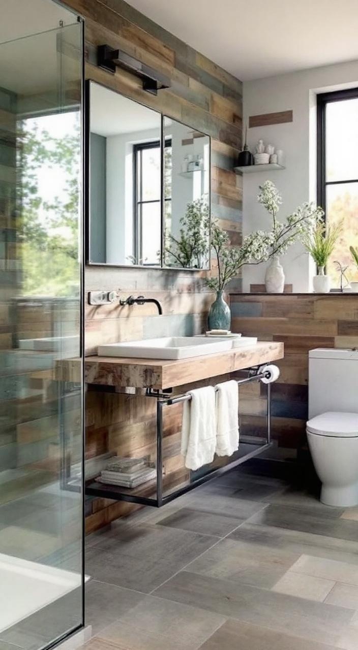 Rustic weathered wood vanity and wall panels contrasting modern bathroom fixtures for a serene retreat.