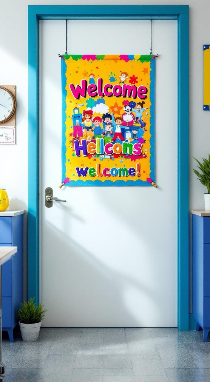 Colorful 'Welcome' banner at classroom entrance, creating a friendly atmosphere for students.