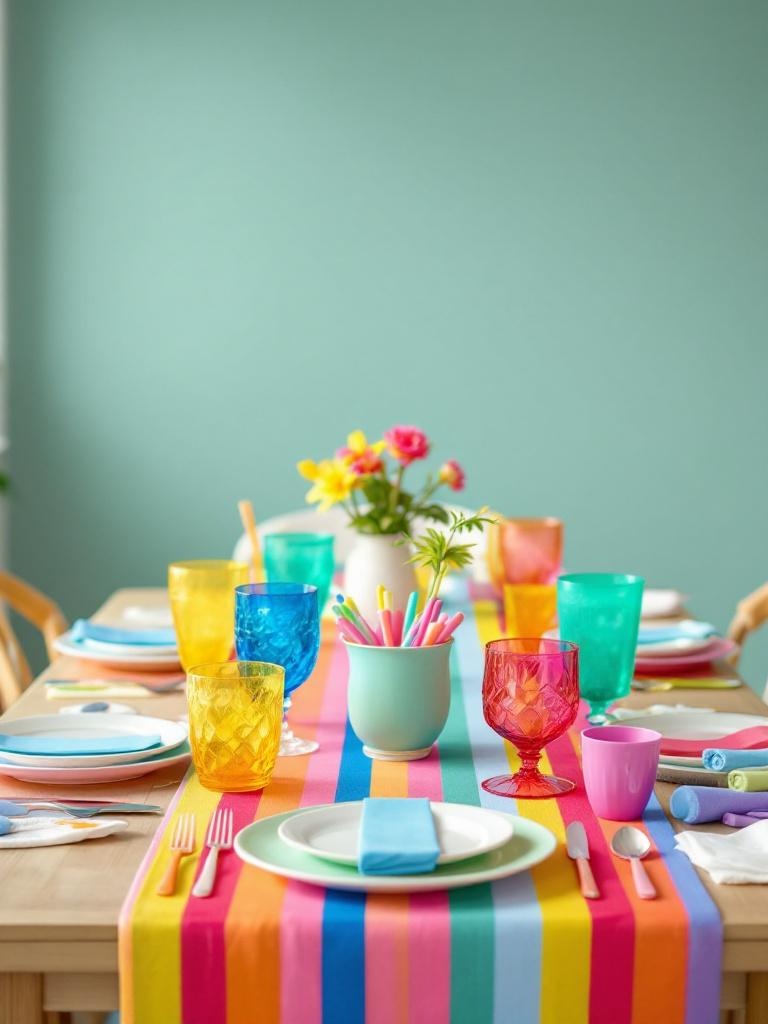A vibrant rainbow tablescape featuring colorful dinnerware, glassware, and playful decorations.