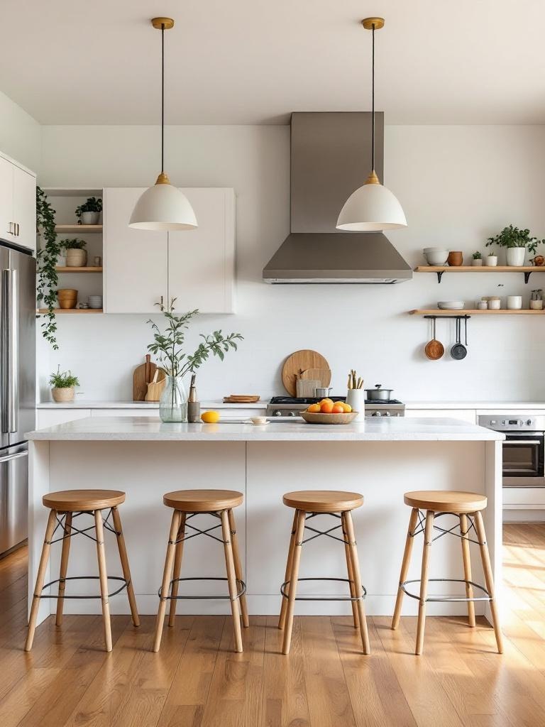 A stylish white kitchen island with wooden seating, perfect for dining and socializing in a cozy space.