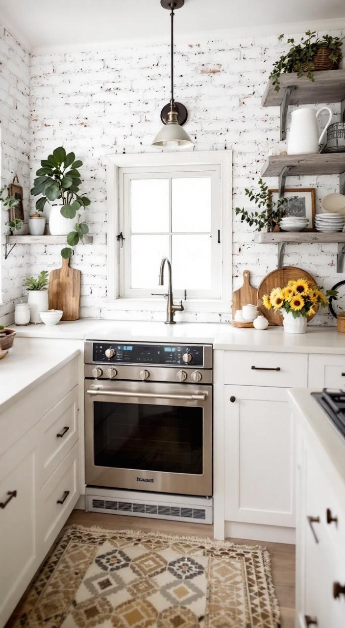 Whitewashed brick backsplash in a bright farmhouse kitchen with light-colored cabinets and countertops.