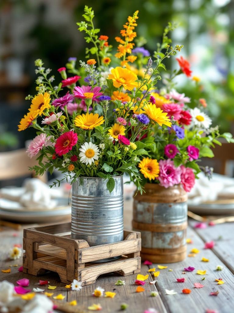 A vibrant summer table setting with wildflower bouquets in rustic containers and scattered petals.