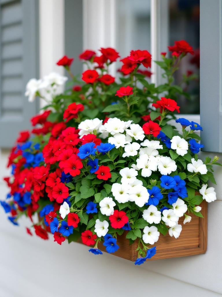 Window box with red geraniums, white petunias, and blue lobelias for July 4th decorations.