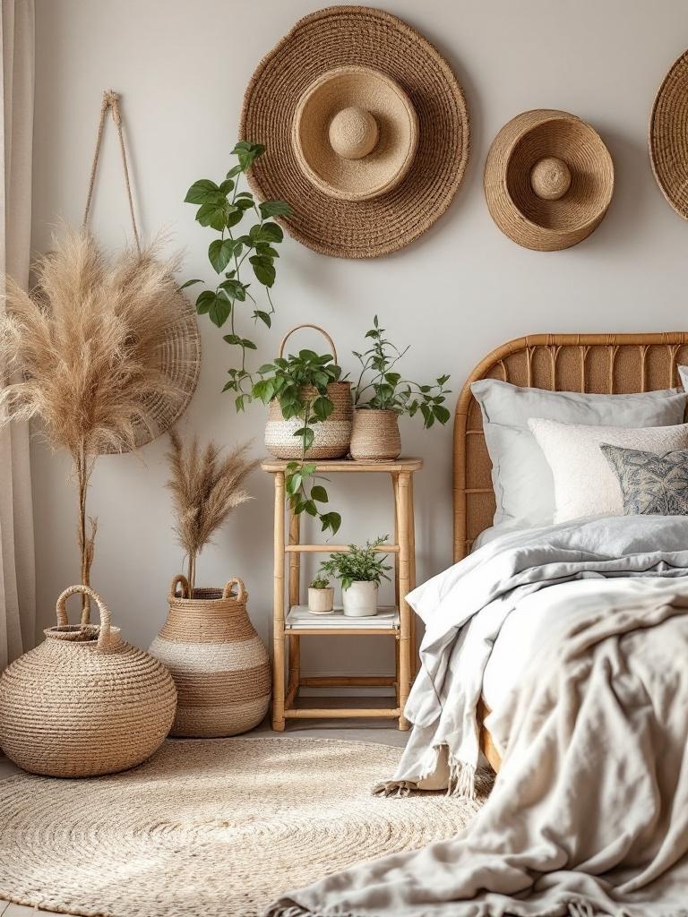 Woven baskets in a Bohemian bedroom used for storage and as planters, adding rustic charm and texture.