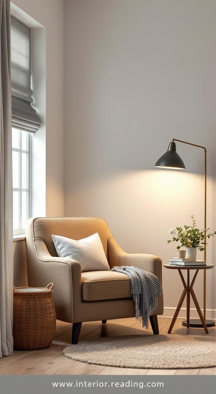 Cozy armchair in a quiet corner with a floor lamp and side table for a perfect reading spot.