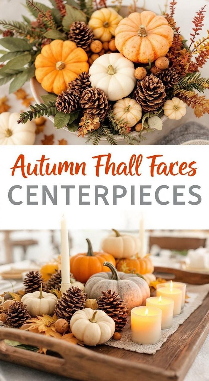 Autumn centerpieces with pumpkins, acorns, pinecones, and candles creating a cozy fall atmosphere.