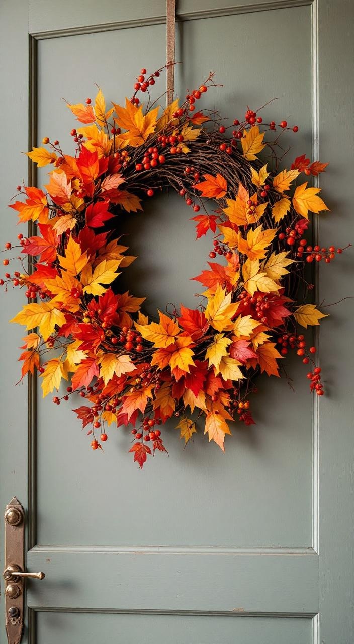 Autumn wreath of colorful leaves and berries for a welcoming fall living room decor. DIY project idea.