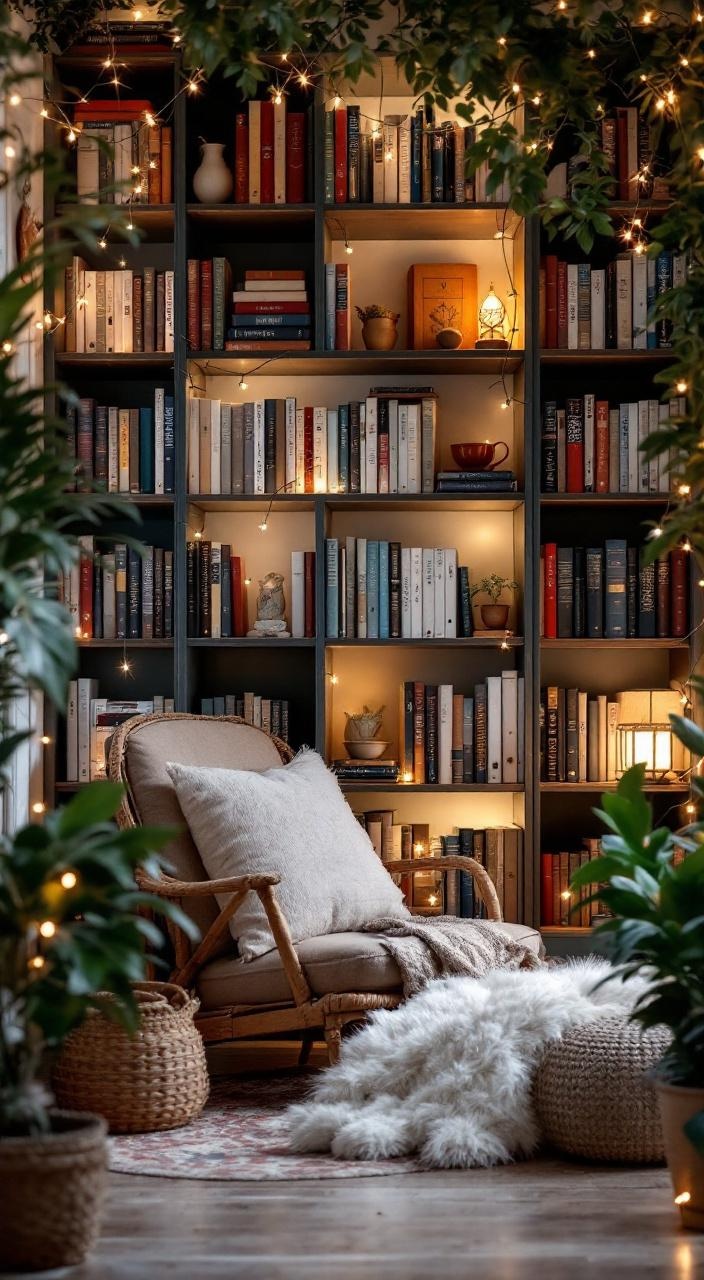 Cozy bookshelf nook with books, small chair, and warm fairy lights creating a relaxing reading space.