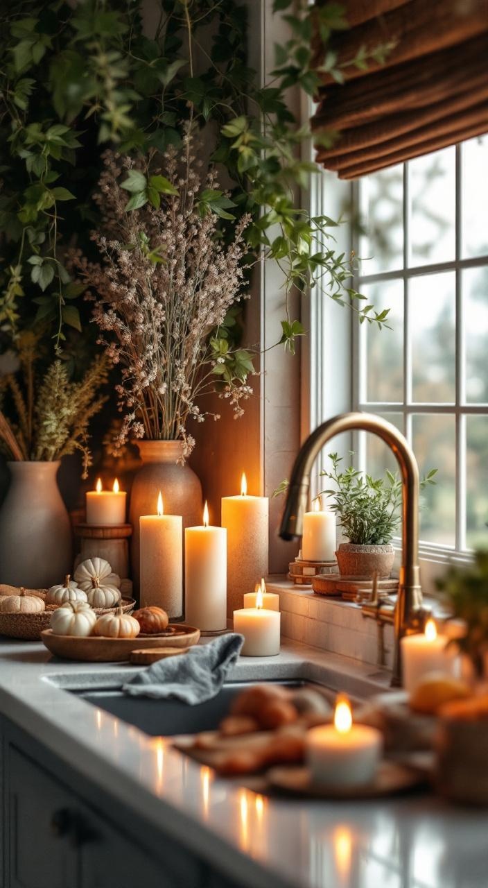 Candle displays in earthy tones create a cozy kitchen ambiance with warm light and seasonal scents.