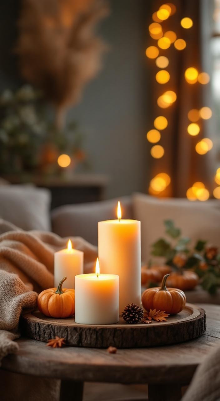 A cozy living room decorated with warm-toned candles and soft lighting, evoking fall ambiance.