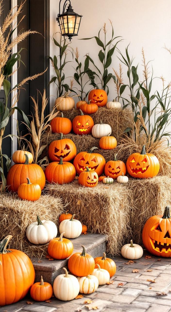 A charming Halloween porch display featuring carved and painted pumpkins, hay bales, and corn stalks.
