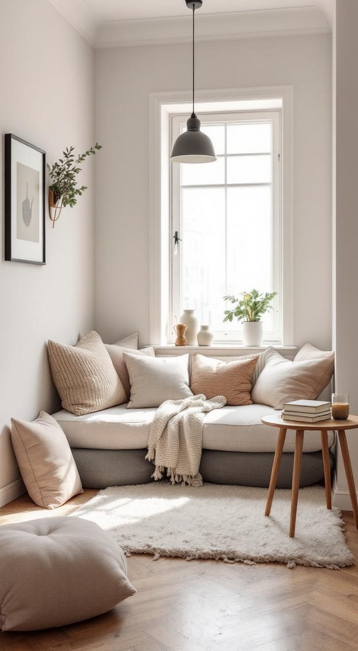 Cozy reading nook with layered floor cushions and a small side table for books and drinks.