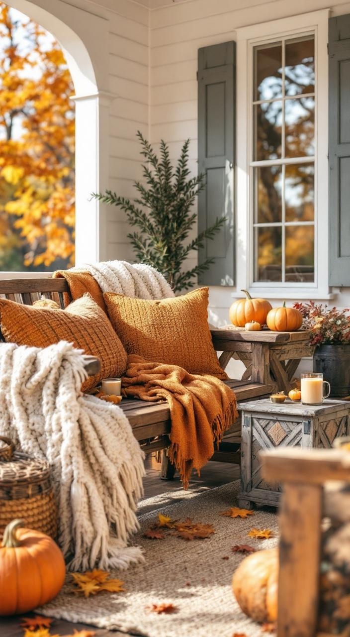 Cozy porch seating area with a wooden bench, blankets, pillows, and a rustic side table for drinks.