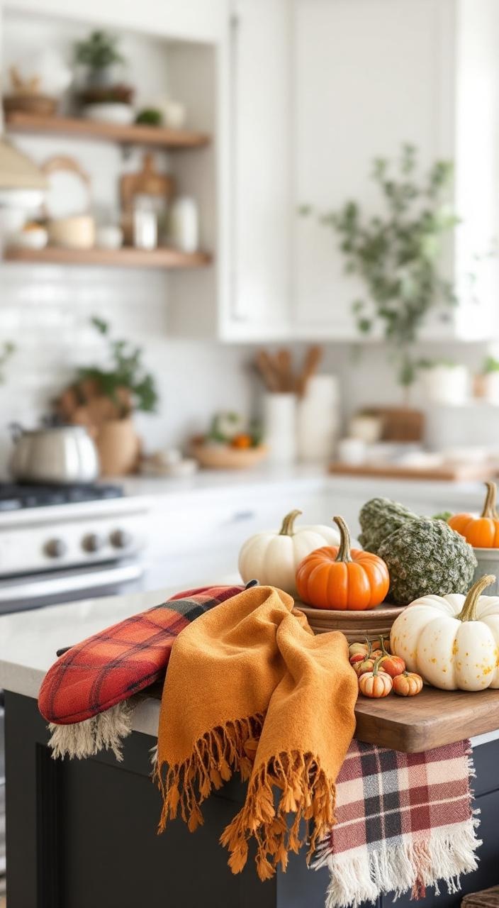 Fall kitchen textiles like dish towels and oven mitts in rich fabrics with plaids and leaf patterns.