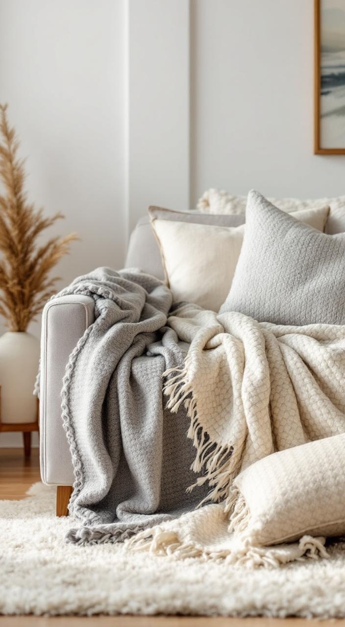 Cozy throws in autumnal colors draped over a sofa, enhancing fall decor and inviting warmth.