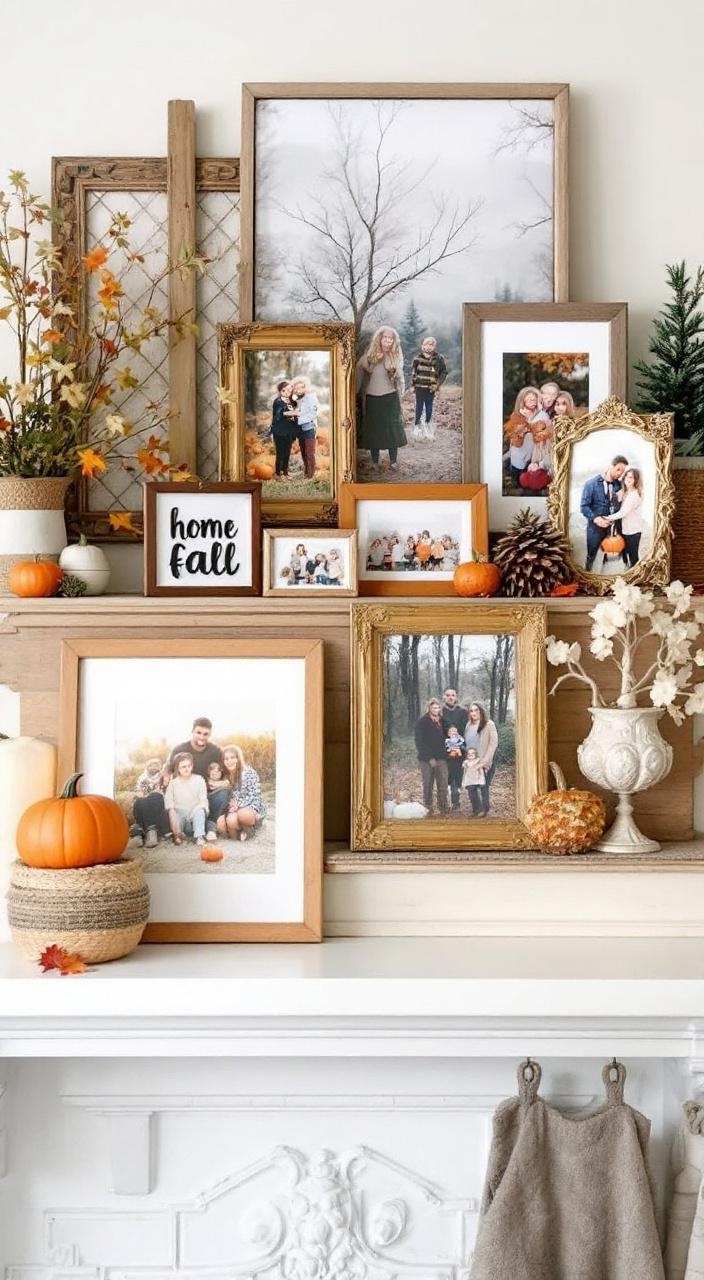 Family photos in warm-toned frames displayed on a mantle, surrounded by autumn seasonal decor.