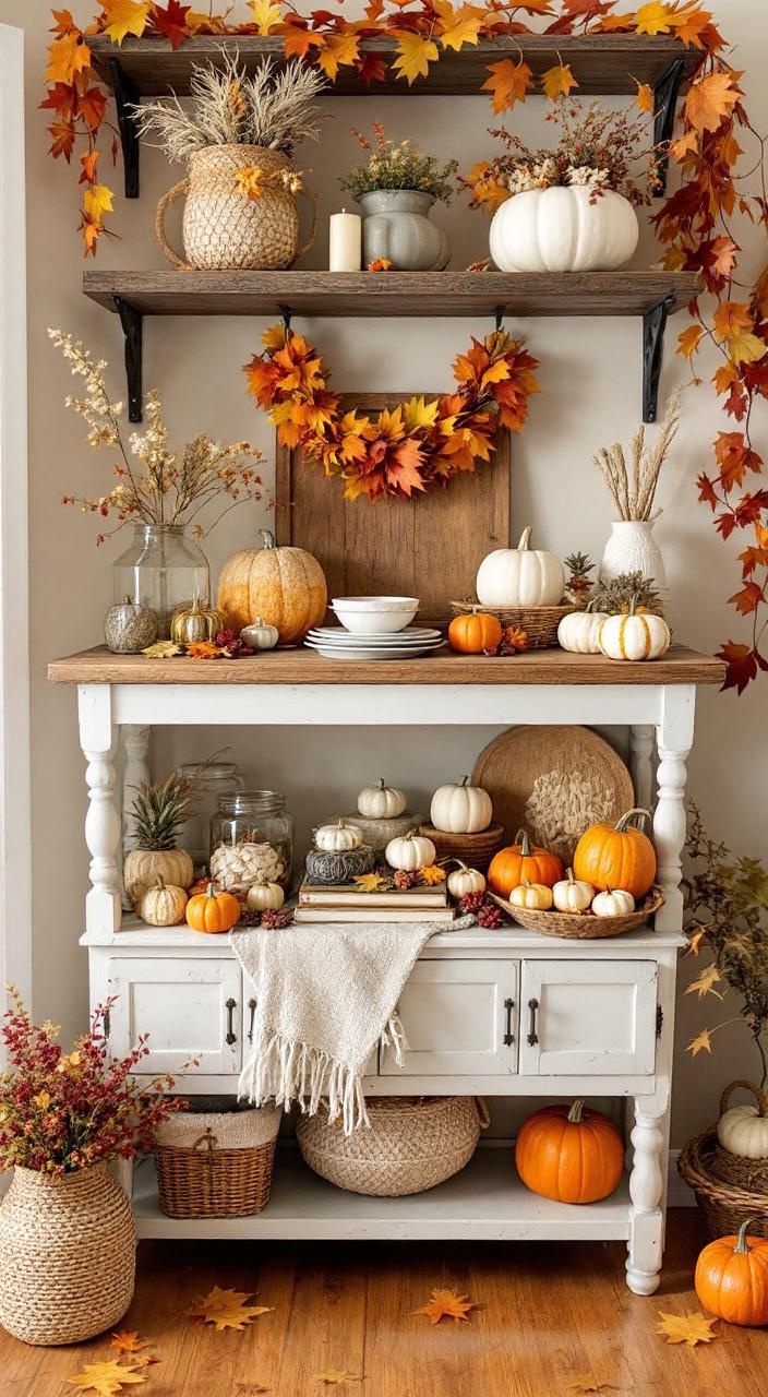 Decorative corn, mini pumpkins, and autumn leaf garlands enhance fall decor for a warm, inviting home.