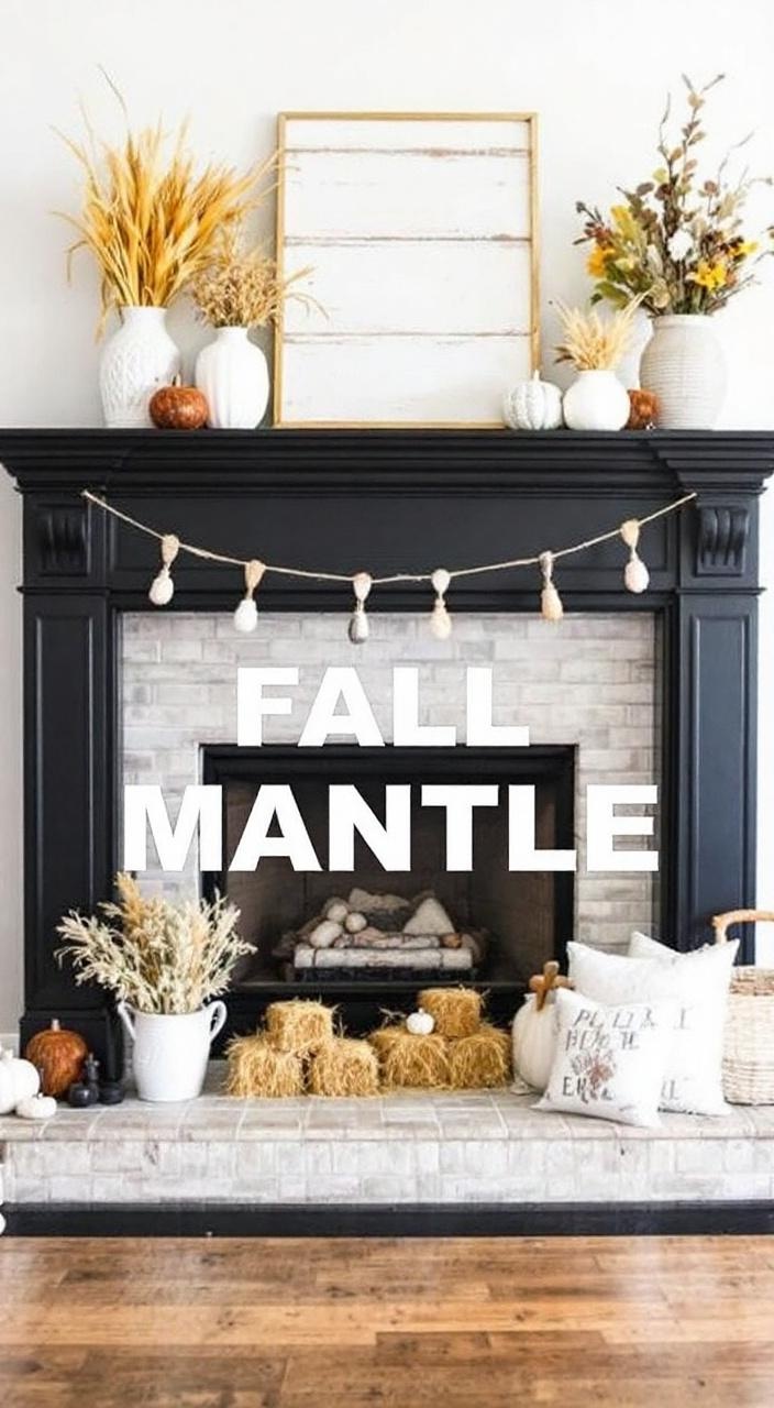 Fall mantle decor featuring corn stalks and miniature hay bales, celebrating the harvest season.