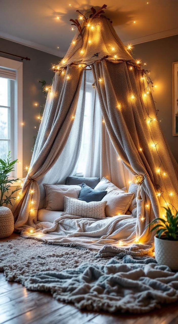Cozy children's reading nook fort made of blankets and pillows, adorned with fairy lights and cushions.