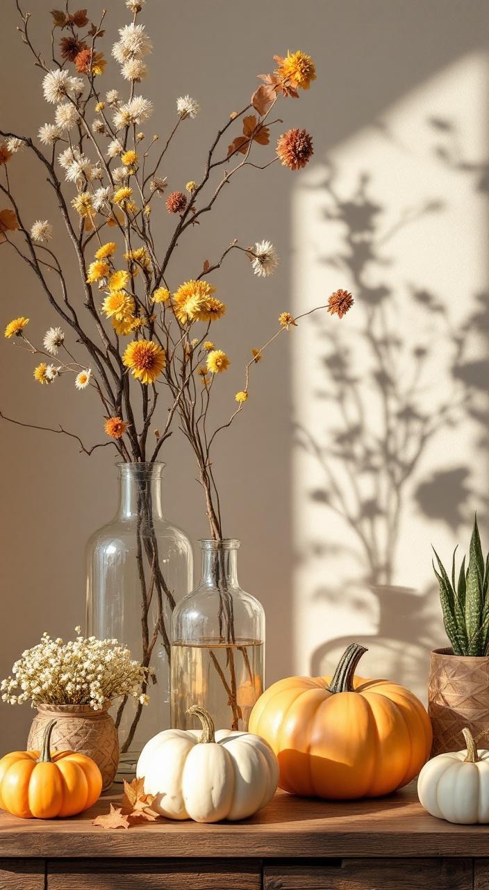 Autumn home decor featuring branches, twigs, dried flowers, and fall plants creating a calming atmosphere.