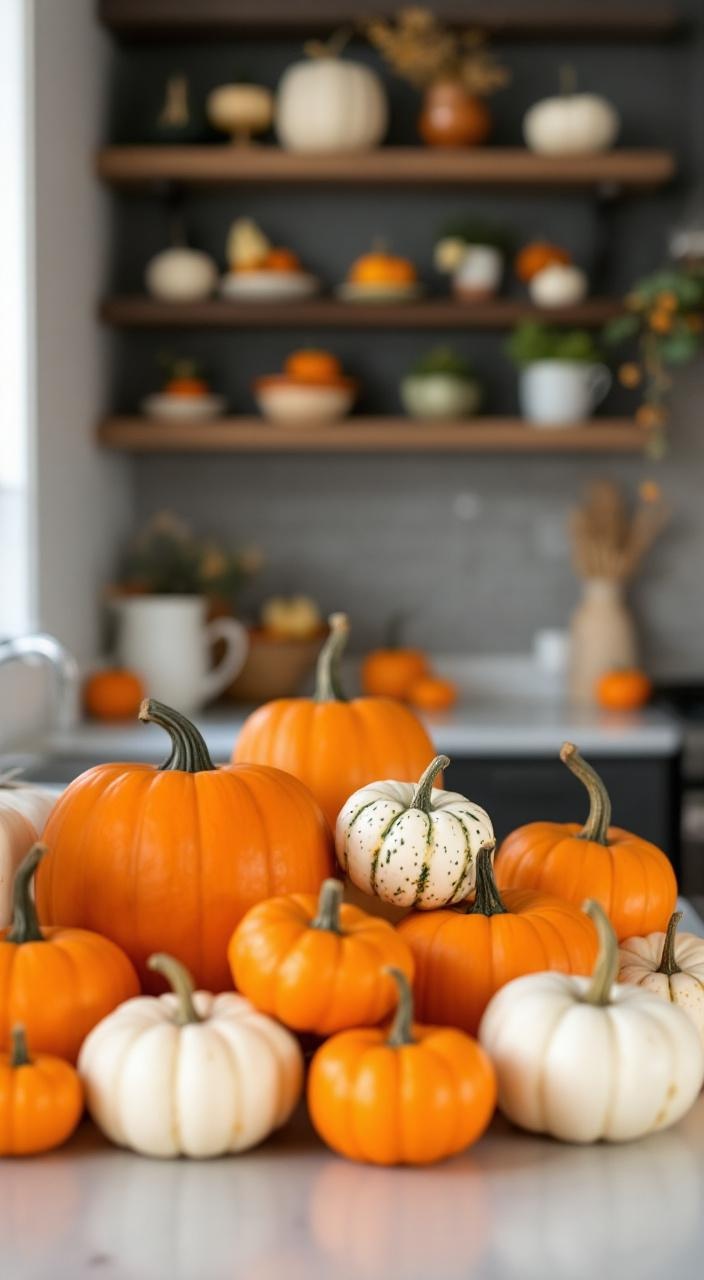 Small pumpkins and gourds decorate a kitchen countertop, adding a playful fall touch to the decor.