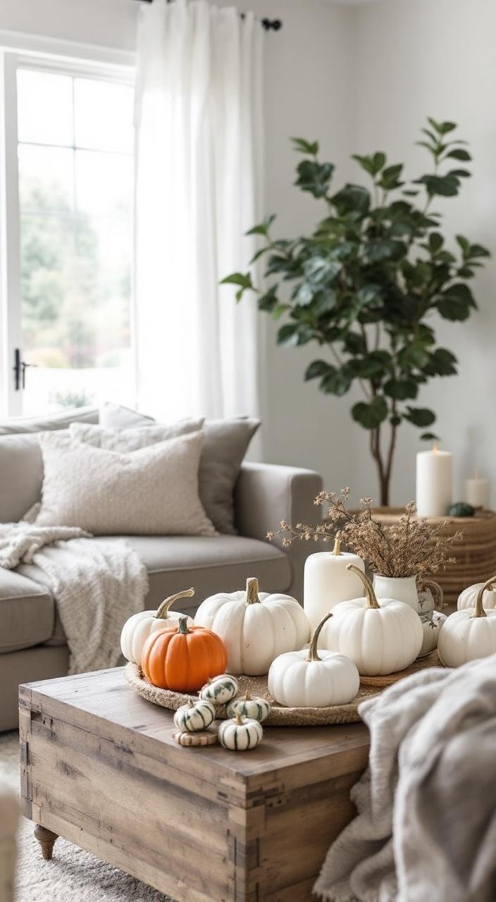 Fall living room decor featuring pumpkins as centerpieces, with painted and carved options displayed.