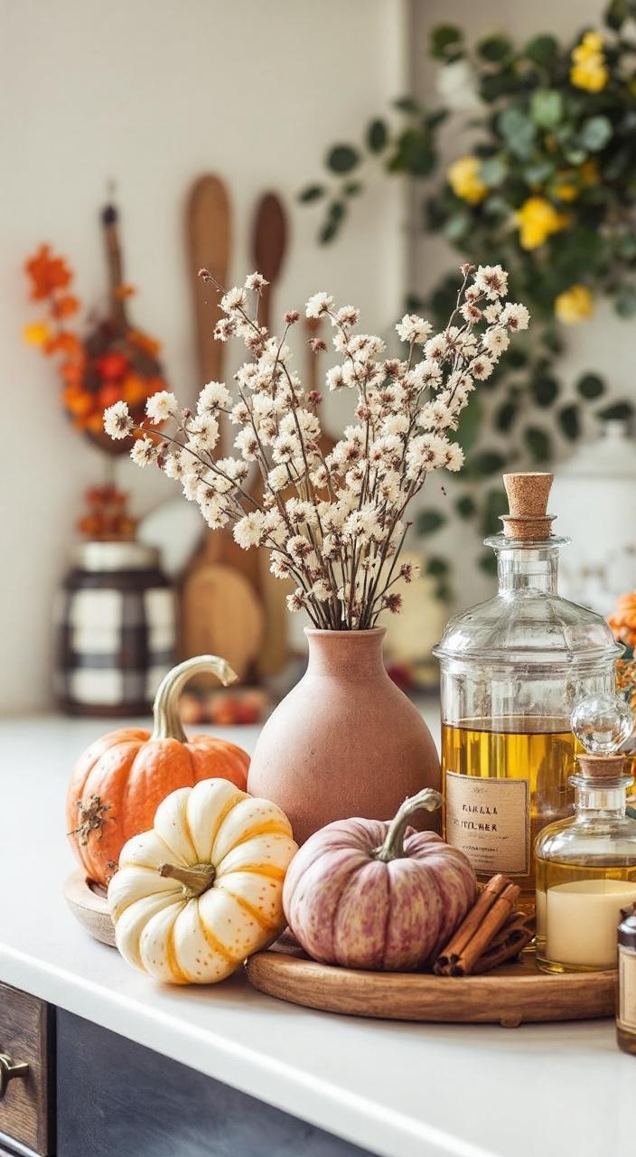 A cozy fall kitchen filled with warm scents from diffusers featuring cinnamon, clove, and harvest fruits.