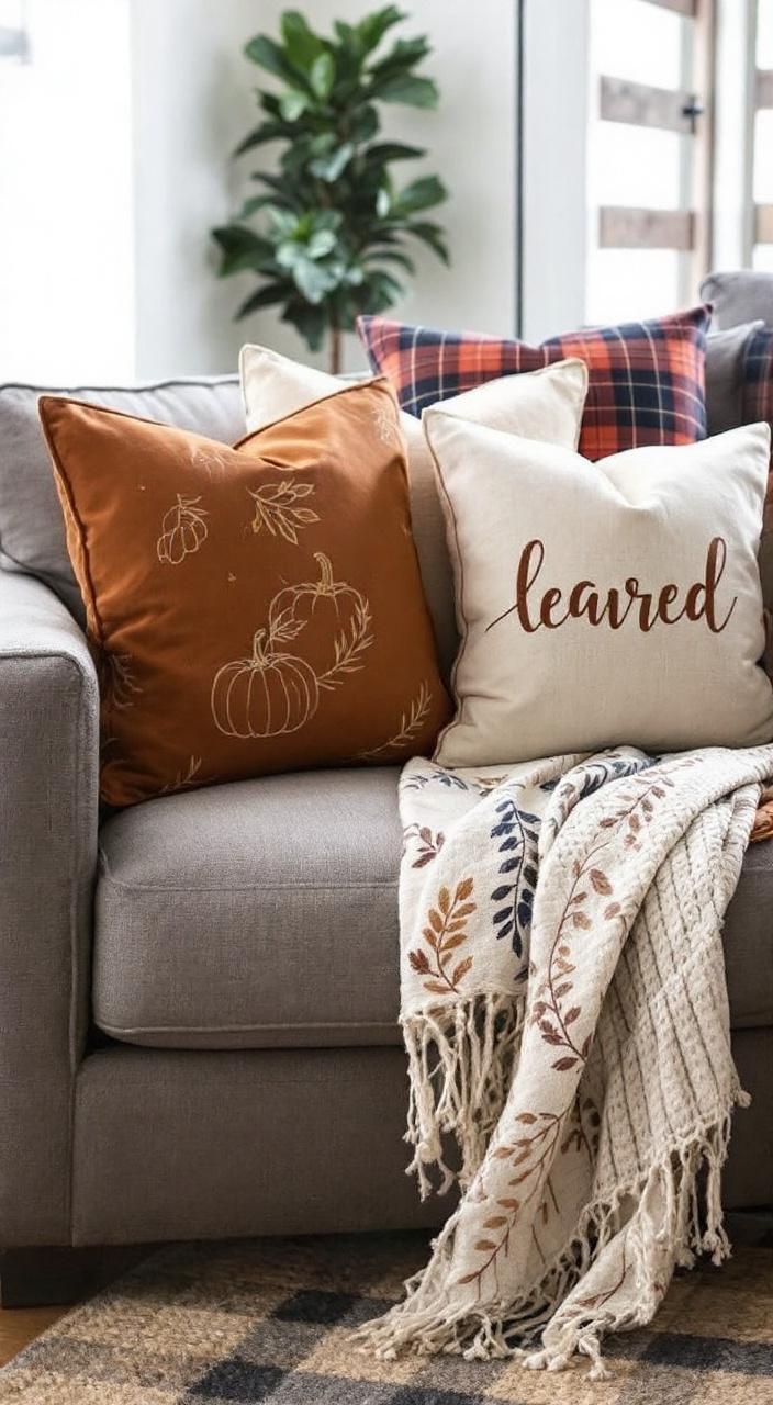 Seasonal pillows with fall prints like pumpkins and leaves add cozy decor to a living room seating area.