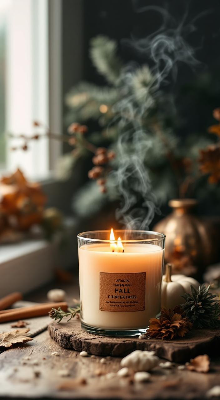 Cozy fall home ambiance with candles, essential oils, and potpourri evoking warmth and nostalgia.