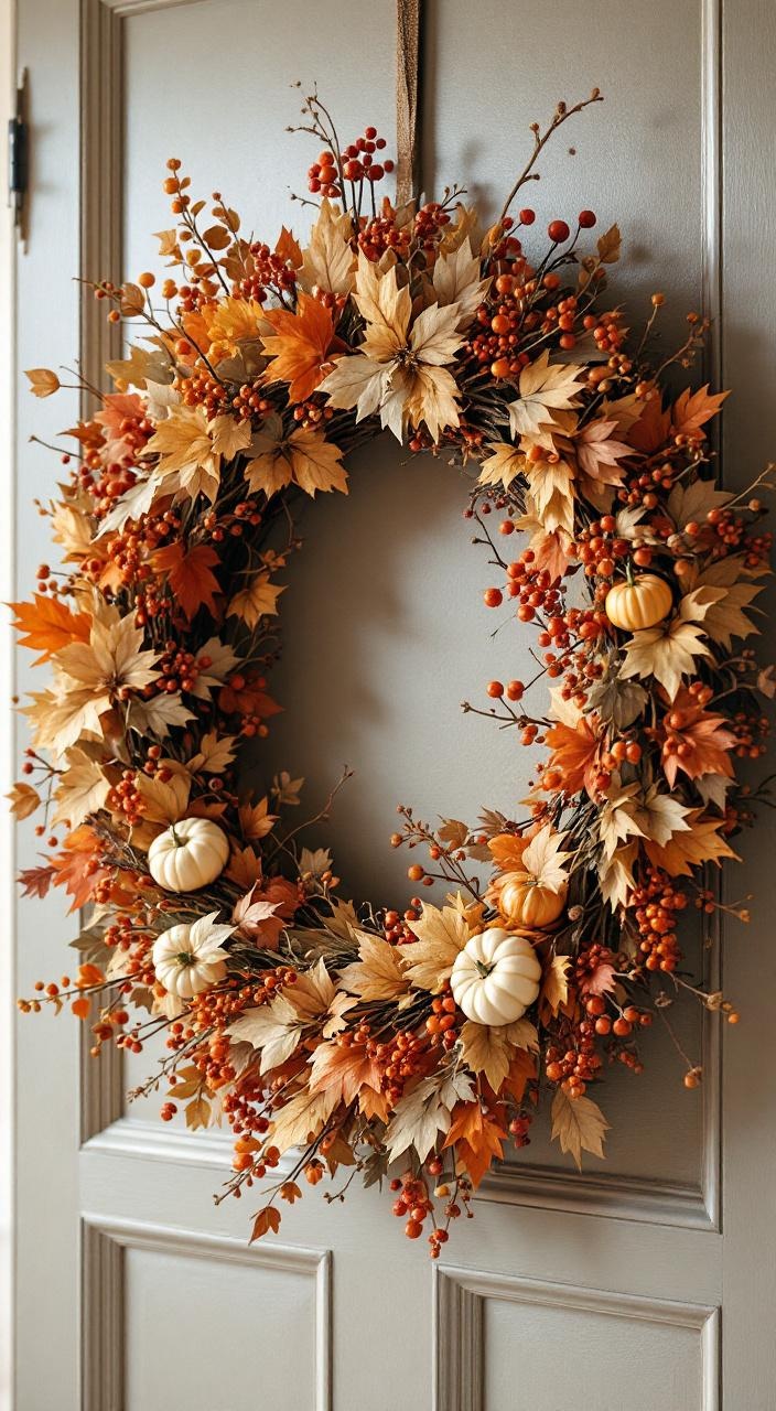 Fall-themed wreath featuring dried leaves, berries, and mini pumpkins, enhancing kitchen decor.