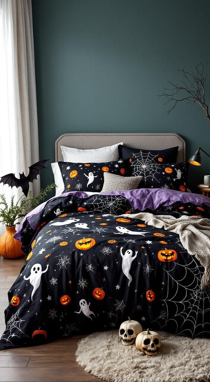 A Halloween-themed bedspread with ghosts, pumpkins, and cobwebs, styled with cozy throws and pillows.