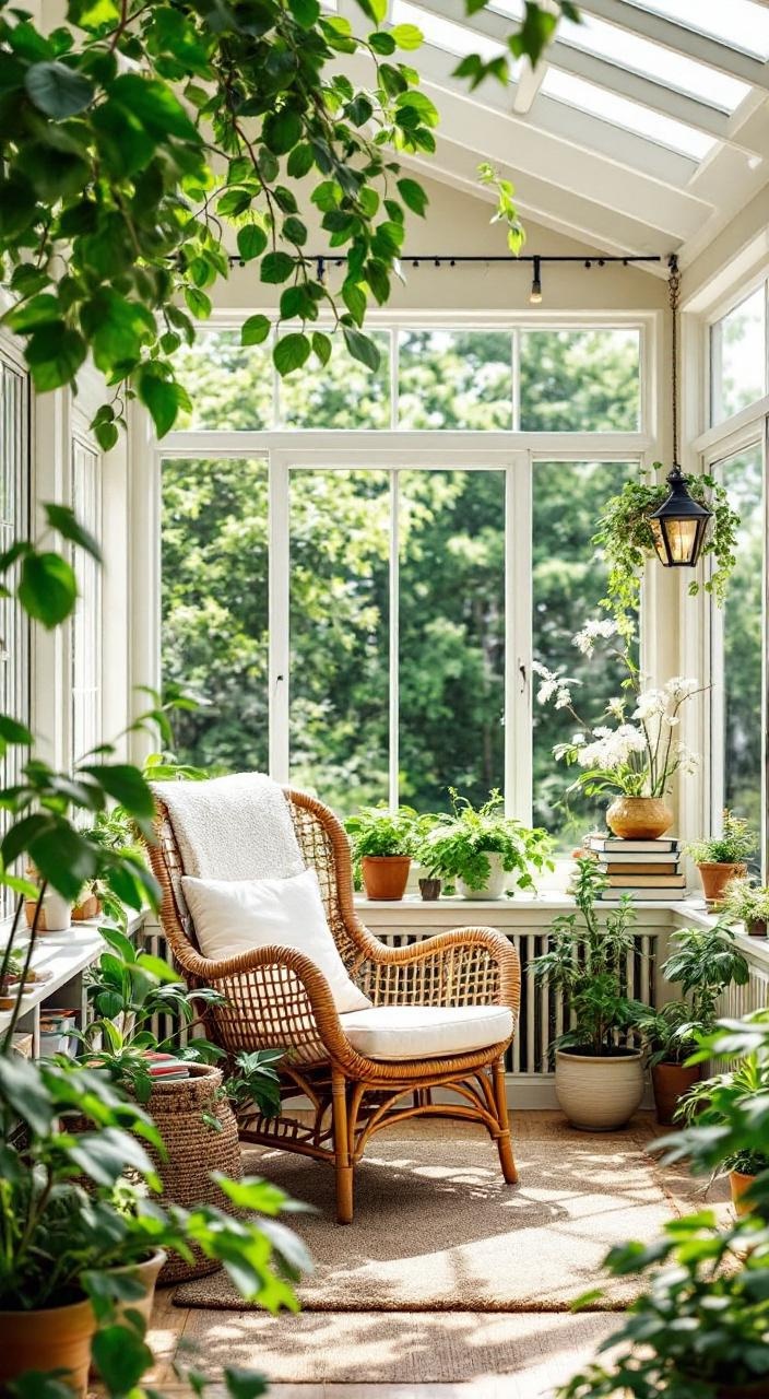 A sunroom with a cozy chair, small bookshelf, and plants, creating a perfect reading nook with sunlight.