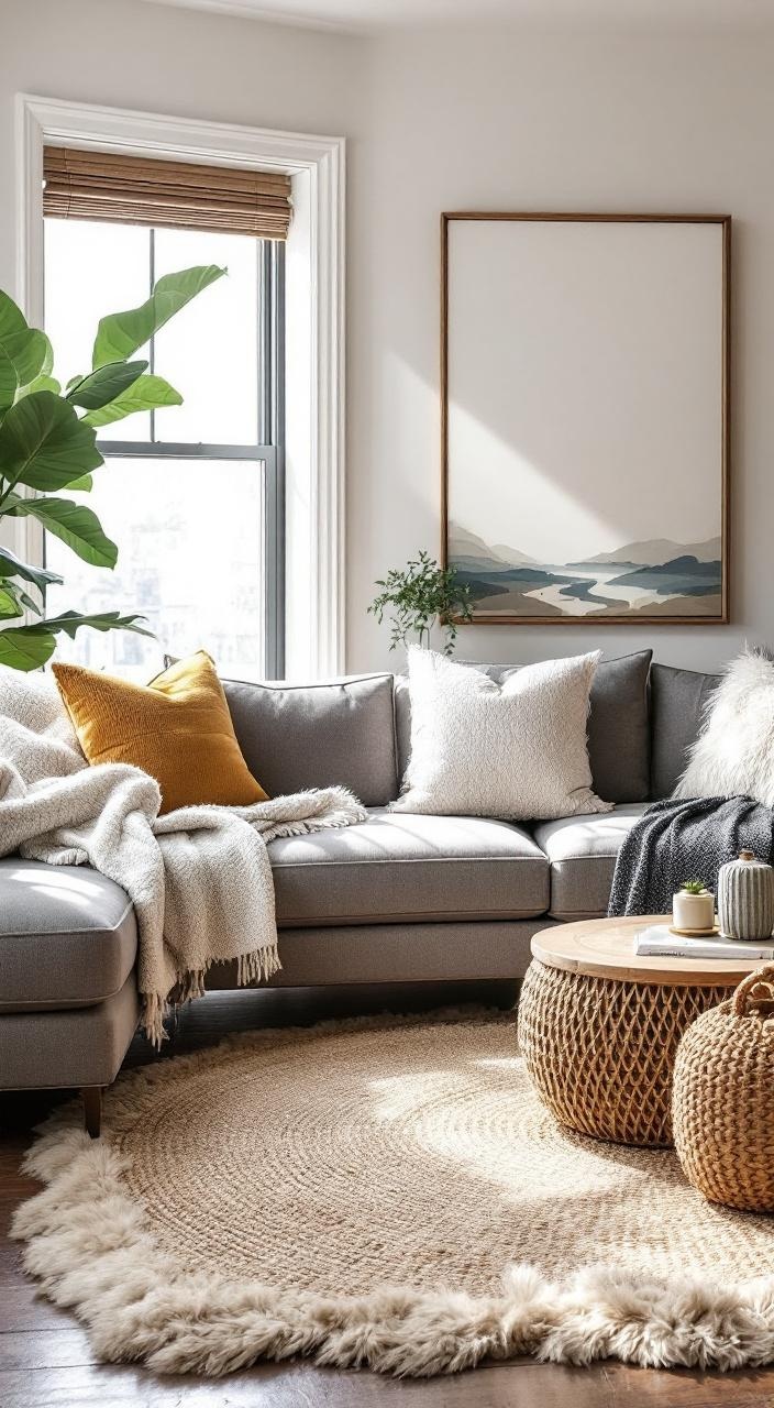 Cozy living room with textured rugs enhancing comfort and warmth for fall, unifying decor styles.
