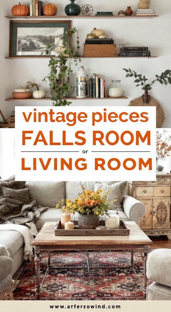 A cozy fall living room with vintage decor, featuring rustic furniture, old books, and glassware.