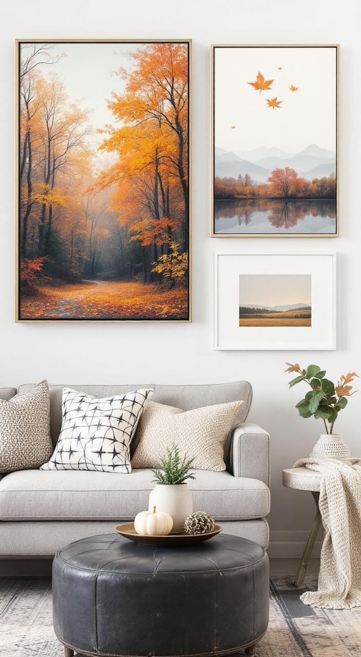Autumn-themed wall art and gallery walls enhancing a living room's decor with fall colors and nature scenes.