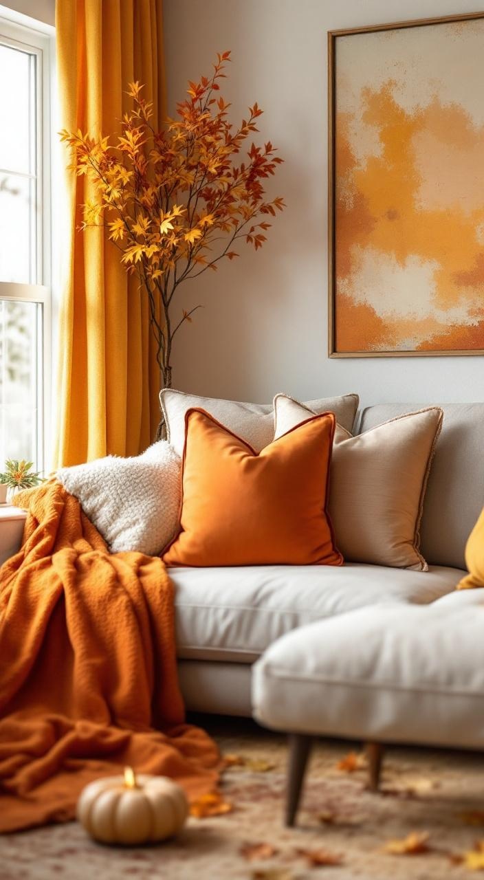 Warm autumn color palette in a living room with deep reds, burnt oranges, and cozy decor elements.