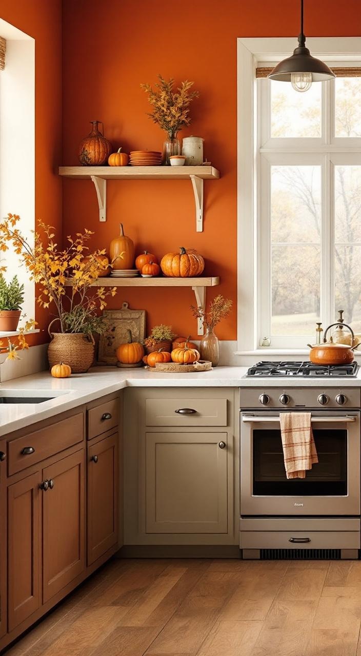Warm-colored kitchen decor with deep oranges, rich browns, and muted yellows for a cozy fall vibe.
