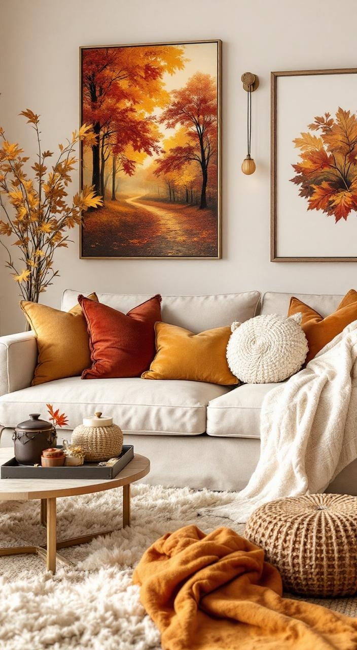 Cozy living room decor featuring warm colors like burnt orange and deep red with textured pillows and blankets.