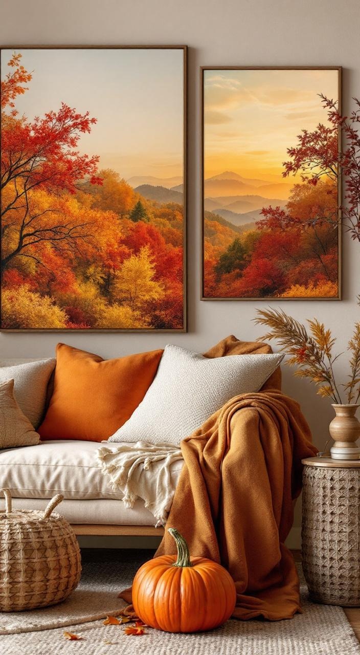 Cozy living room featuring warm autumn colors in cushions and decor, accented with natural wood elements.