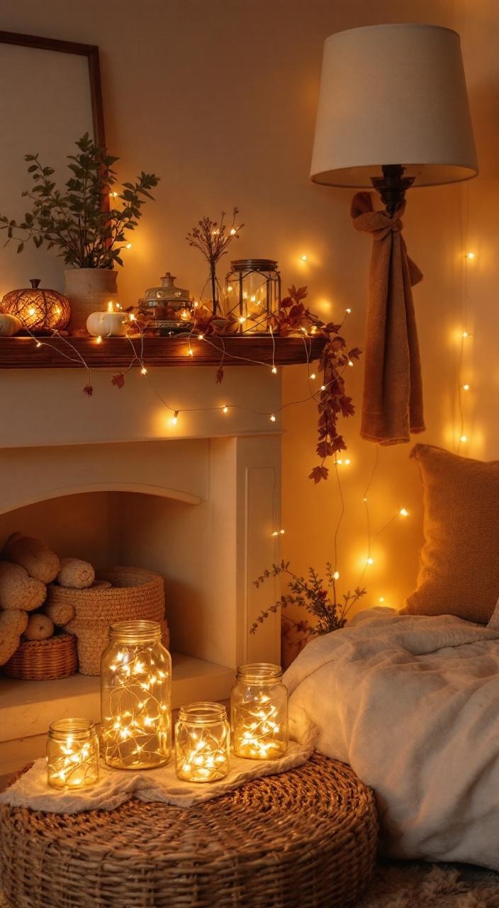Cozy home ambiance with warm lights, lamps, and string lights for inviting autumn evenings.