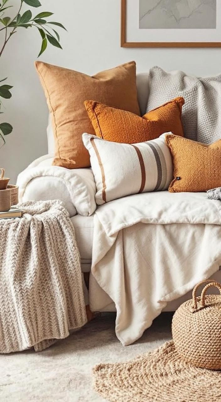 Cozy living space with warm textiles, including soft throws, knitted blankets, and plush pillows.