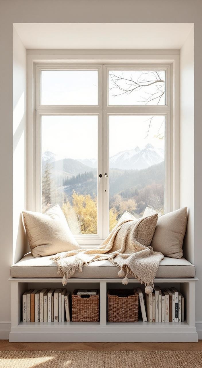 Cozy window seat with cushions and a throw, complemented by bookshelves and a scenic view.
