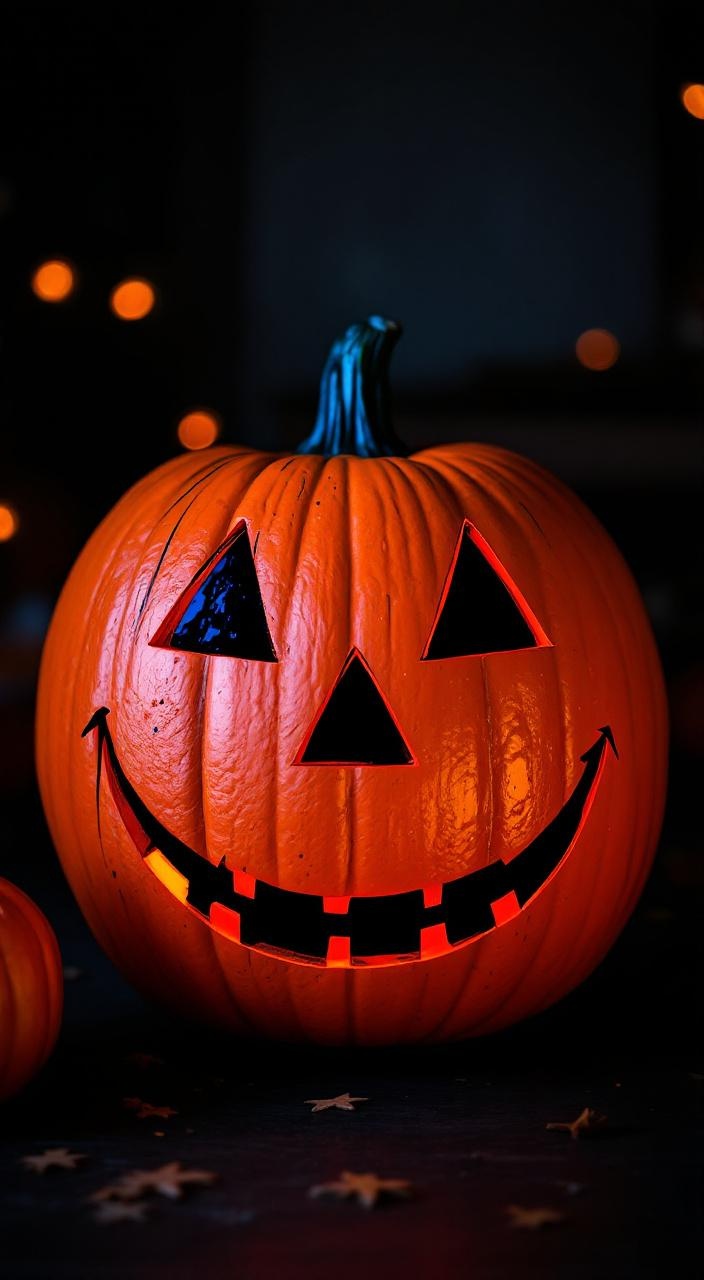 Brightly painted Jack-O'-Lantern with classic face details, featuring orange, black, and glitter accents.