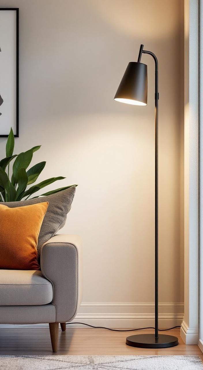 A variety of stylish floor lamps in different designs, illuminating cozy reading spots in a home.