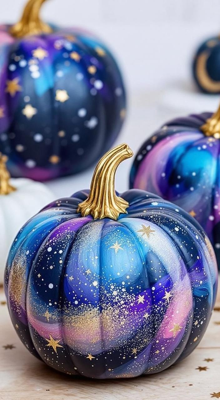 A galaxy-themed painted pumpkin with dark colors, splashes of purple, blue, white stars, and glitter.
