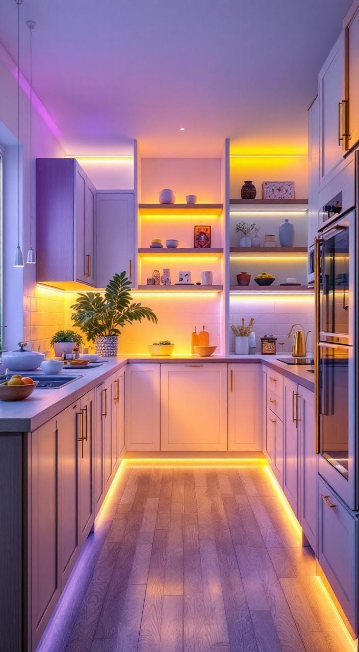 Flexible LED strip lights enhance architecture with customizable, ambient lighting in various colors.